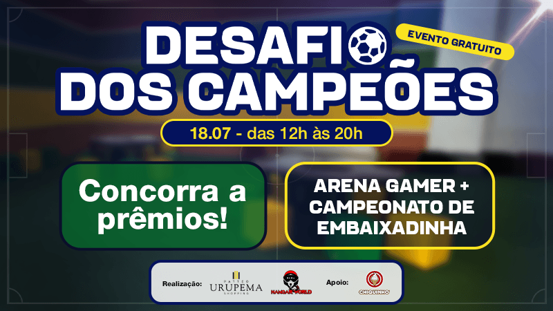 Ilustração do evento: Patteo Urupema Shopping promove campeonatos gratuitos de videogame e embaixadinha para apaixonados por futebol